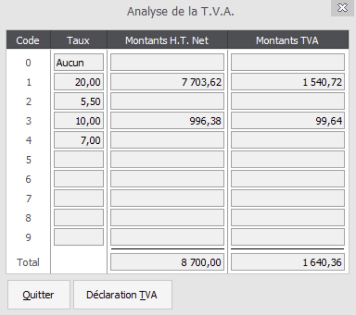 Mise en place du paramétrage des codes de déclaration de TVA